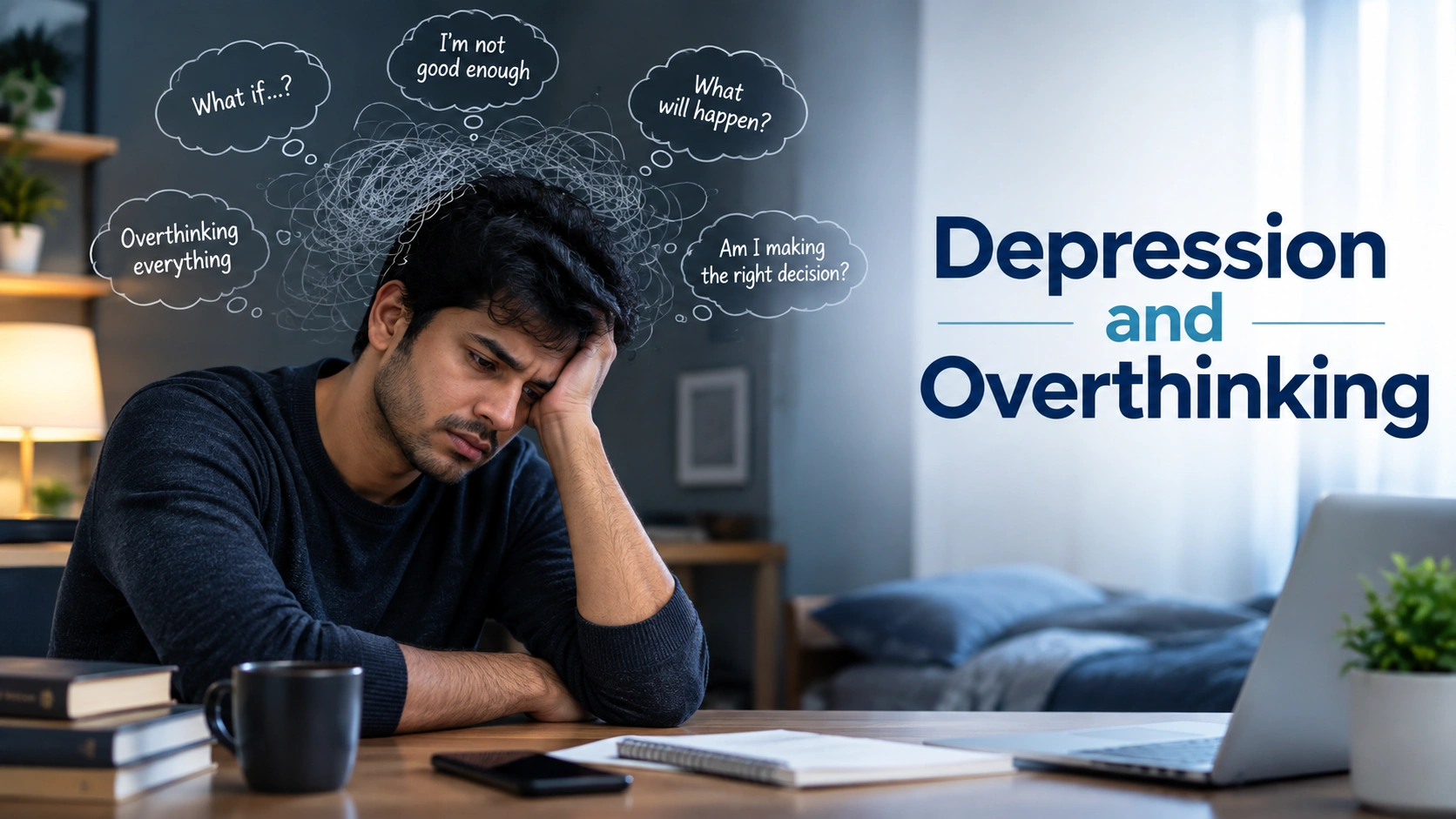 Depression and overthinking showing repetitive negative thoughts and emotional distress